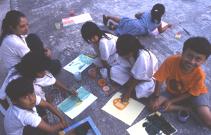 Lacandon school children painting pictures