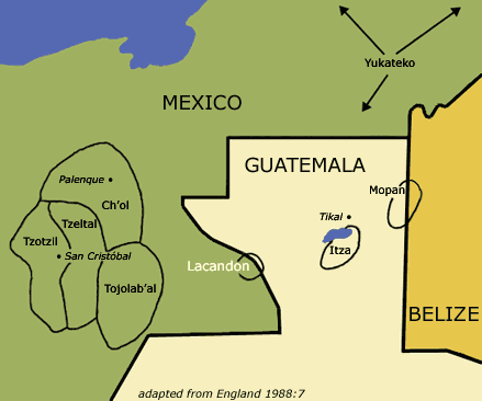 map showing the other Mayan groups living in the and around the Lacandon territory