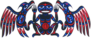Salish Welcoming by Joseph Wilson, 1995. 
Description: Thunderbirds on either side of central female figure with raised hands. Colours are black, red and blue.