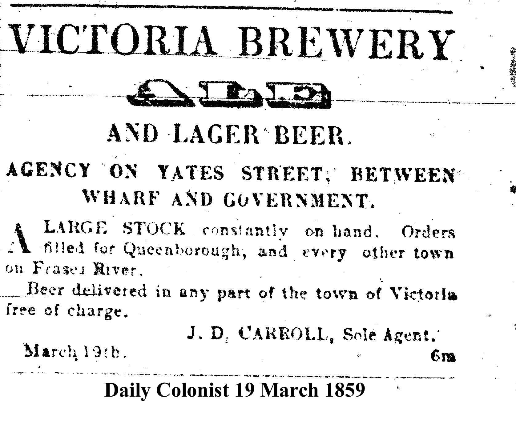 First advertisement for Victoria Brewery March 19, 1859