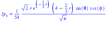 (Typesetting:-mprintslash)([`3p`[x] :=
1/54*2^(1/2)*r*exp(-1/3*r)*(4-2/3*r)*sin(theta)*cos(phi)/Pi^(1/2)],
[1/54*2^(1/2)*r*exp(-1/3*r)*(4-2/3*r)*sin(theta)*cos(phi)/Pi^(1/2)])