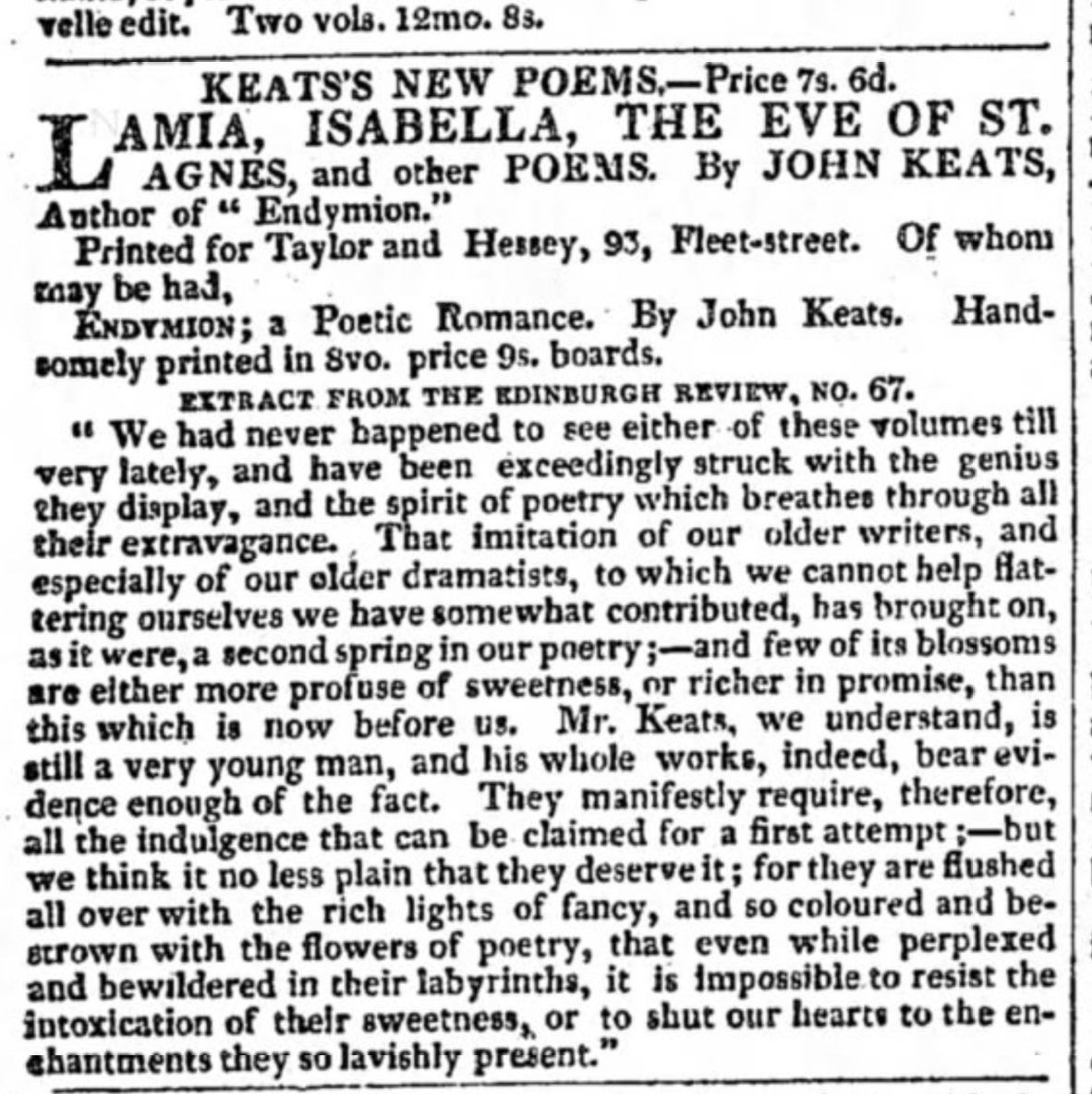 Keats’s New Poems, advertised in The Morning
          Chronicle, 28 Feb 1821, unaware of Keats’s death