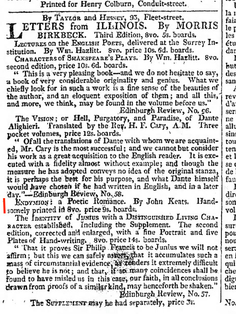 Notice of books published by Taylor & Hessey, including Hazlitt, Dante, and Keats’s Endymion, in The Morning Chronicle, 30 October 1818. (Click image to enlarge.)
