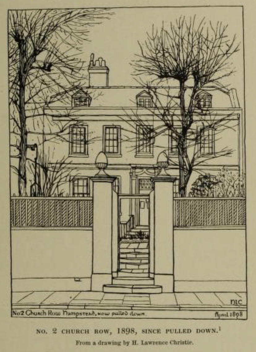 No. 2 Church Road , 1898, Hampstead (now pulled down). My thanks to Kenneth Page
        of Keats House, London, for drawing my attention to this image from Thomas J. Barratt’s
          Annals of Hampstead (1912). Click to enlarge.