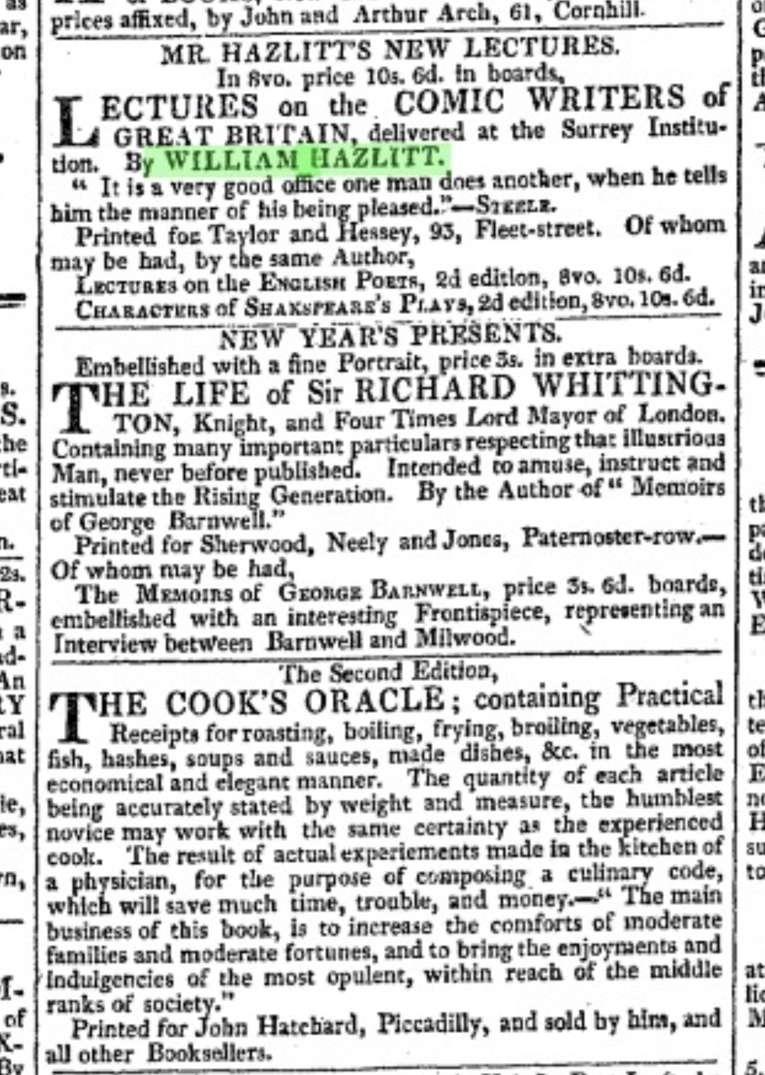  Hazlitt’s lectures advertised in The Morning
          Chronicle, 11 April 1819
