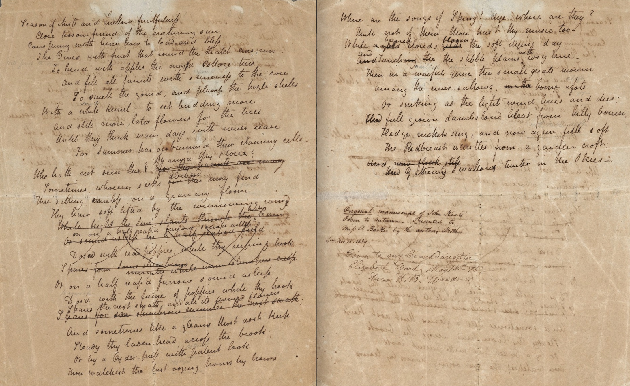  Manuscript of Keats’s To Autumn, Houghton Library, Harvard University (MS
        Keats 2.27). Click to expand.
