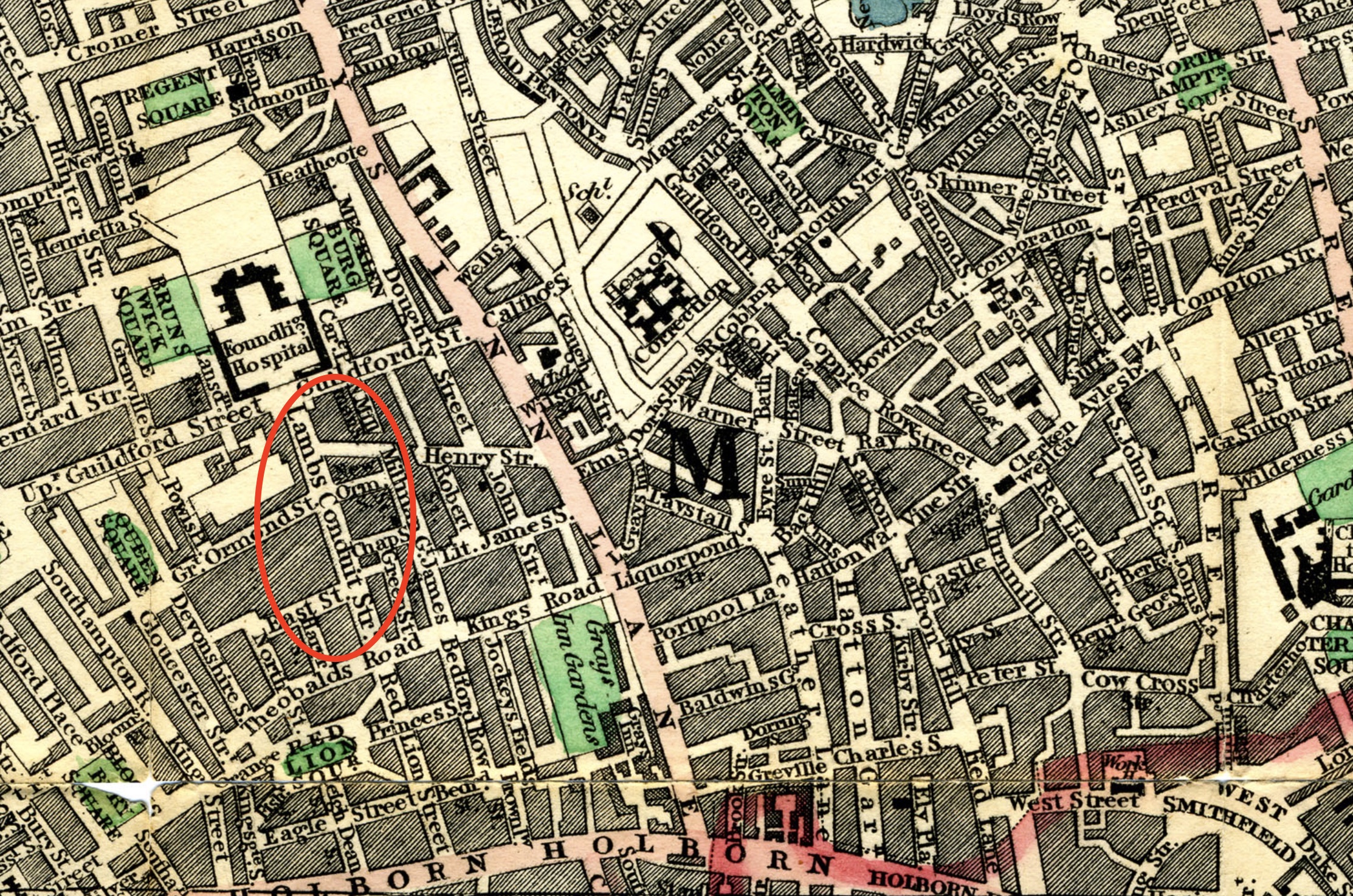 Lambs Conduit Street, Cary’s 1818 Map. Click to enlarge.