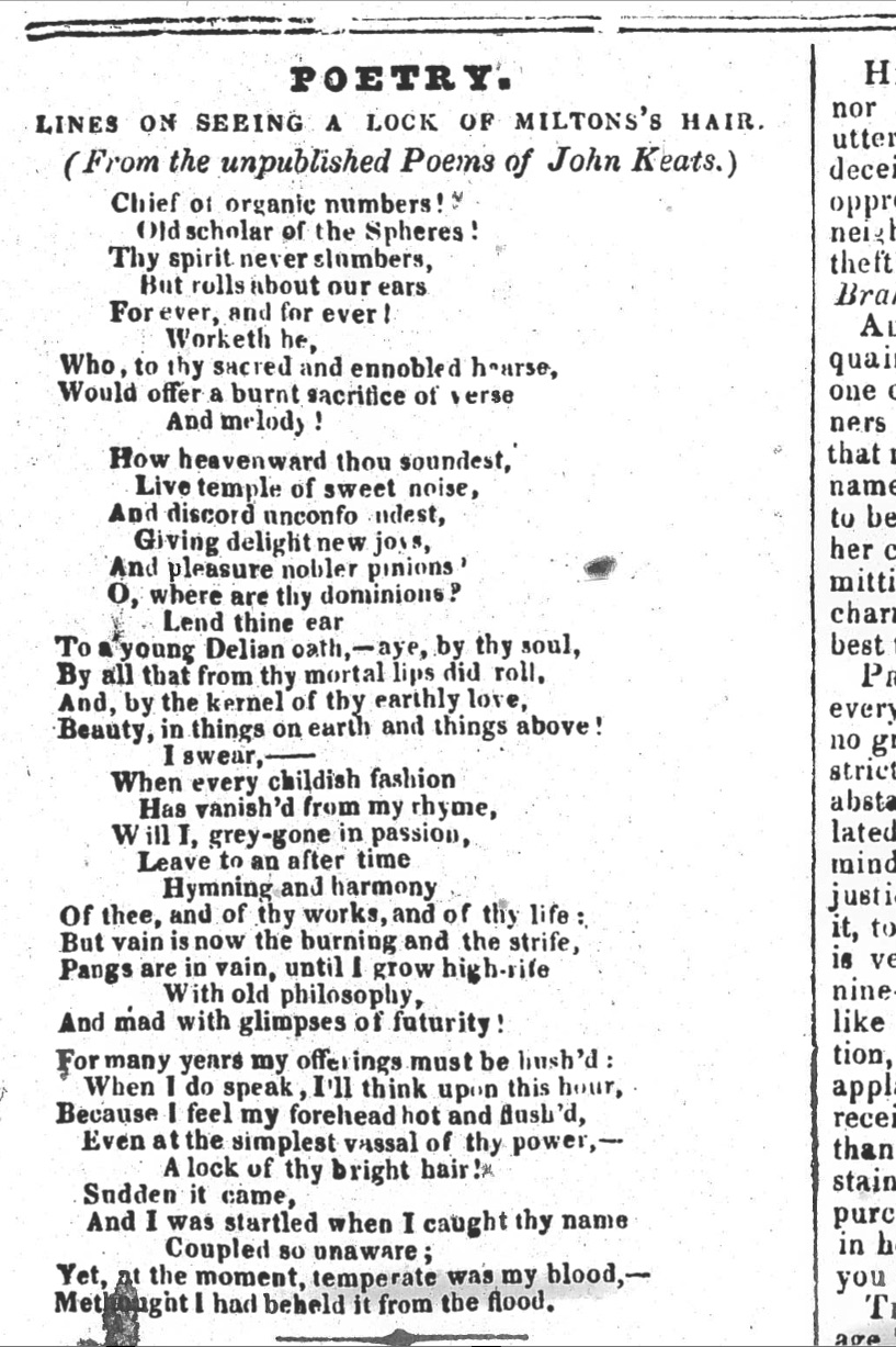 First publication of Lines on Seeing a Lock of Milton’s
          Hair, in The Plymouth and Devonport Weekly
          Journal, 15 November 1838. My thanks to the Plymouth Central Library for generously
        creating this image for MKP. Click to enlarge.