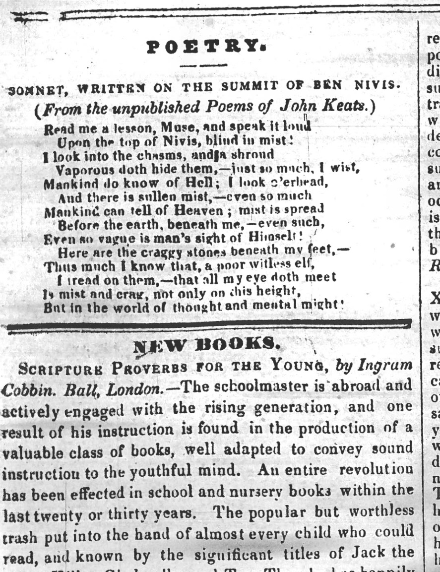 First publication of Read me a Lesson, Muse…, in
          The Plymouth and Devonport Weekly Journal, 6 September
        1838. My thanks to the Plymouth Central Library for generously finding and providing this
        image.