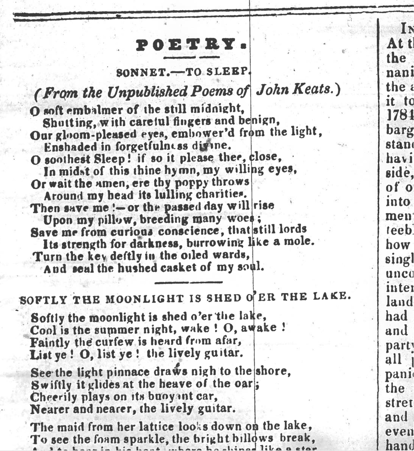First publication of Sonnet to Sleep, in The Plymouth and
        Devonport Weekly Journal, 11 October 1838. My thanks to the Plymouth Central Library for
        generously making and providing this image.