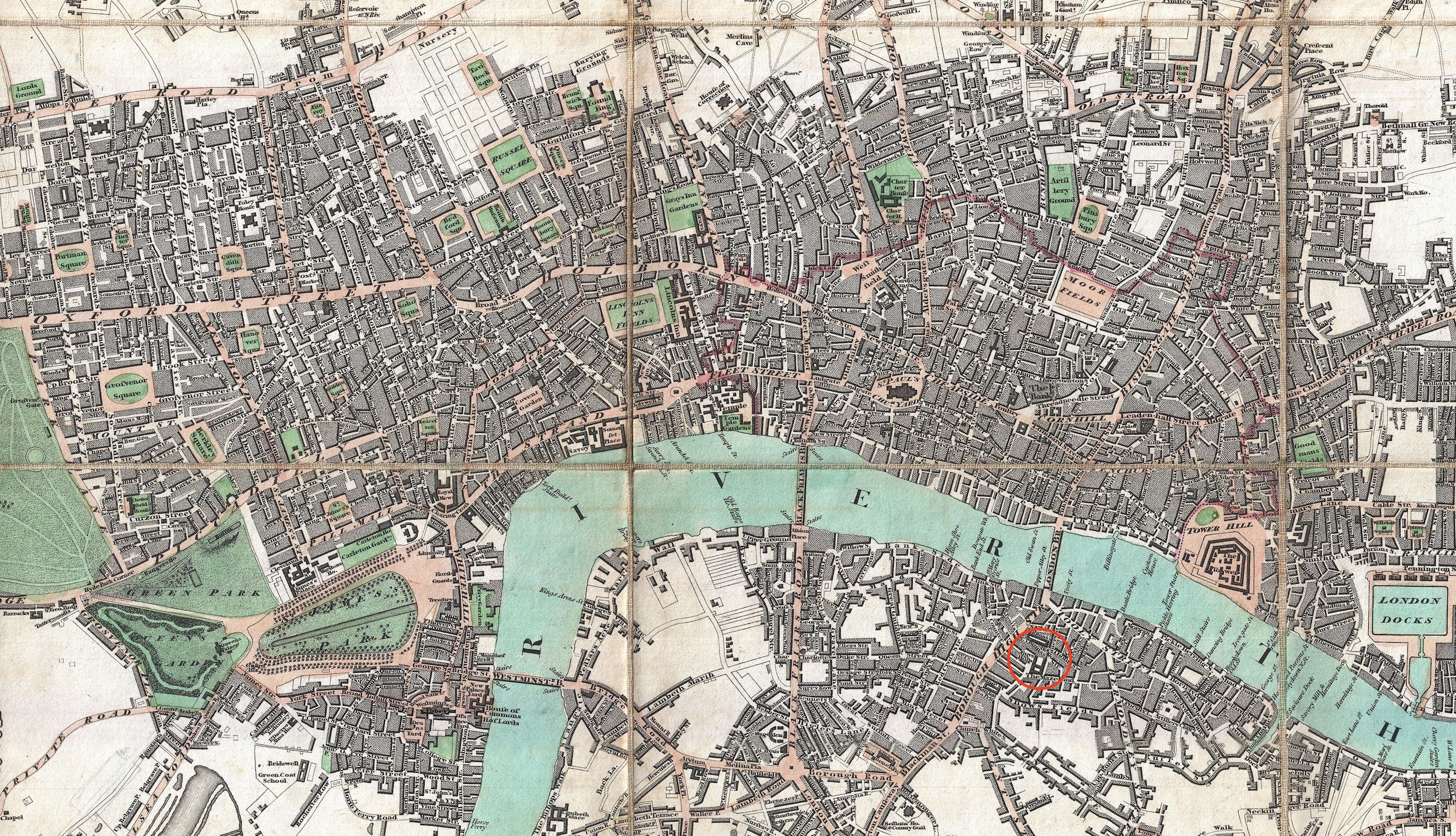 Guy’s Hospital area within the greater London area (Edward Mogg, 1806 map).
        Click to enlarge. 