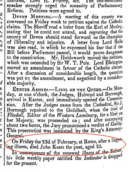 Notice of Keats’s death, after a lingering illness, in The Examiner, 25 March 1821