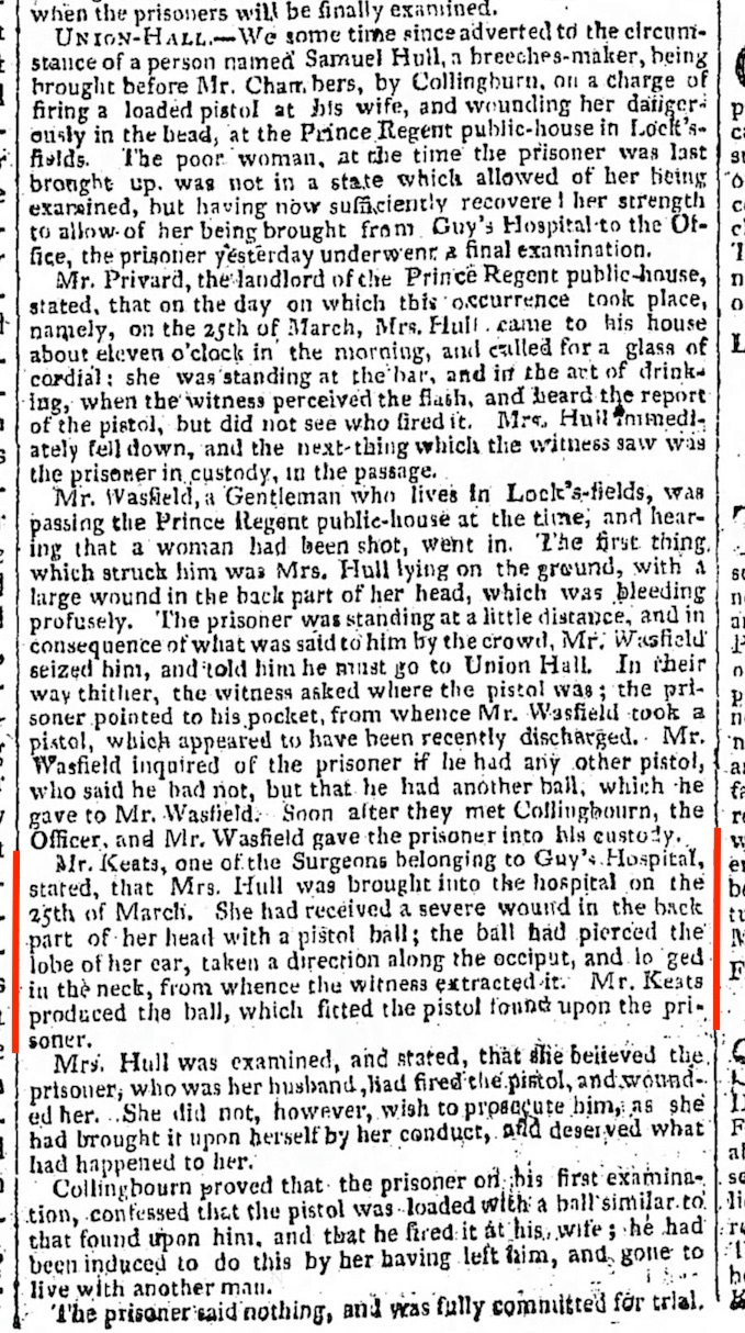 A Certain Mr. Keats removes a pistol ball, in The Morning Chronicle, 23 April 1816*