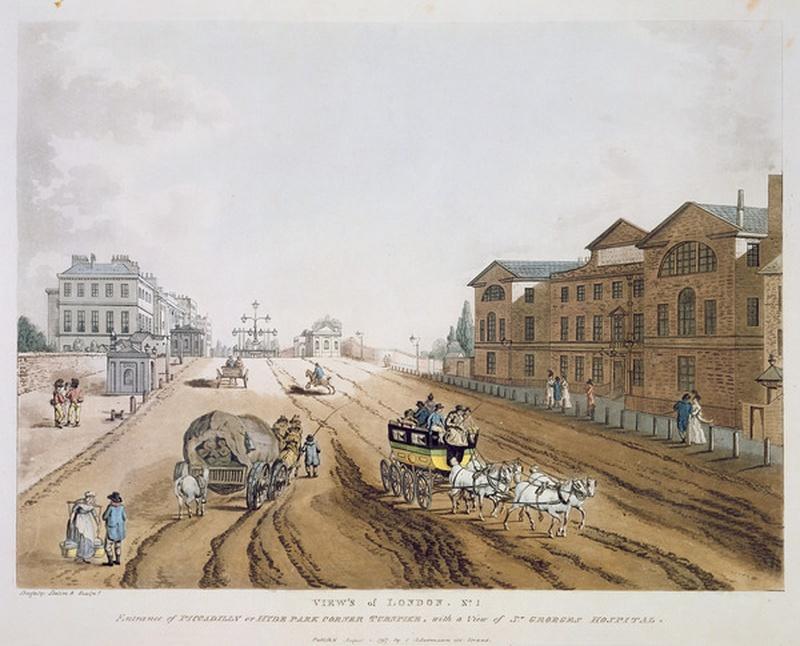 London, 1797. Entrance of Piccadilly or Hyde Park Corner Turnpike with a view of
        St. George’s Hospital. Click to enlarge.