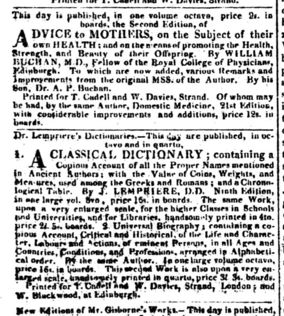 A few random publication announcements in The Morning Post for 21
        November 1817 (click to enlarge)
