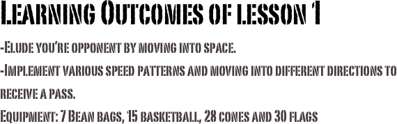 Learning Outcomes of lesson 1
-Elude you’re opponent by moving into space.
-Implement various speed patterns and moving into different directions to receive a pass.
Equipment: 7 Bean bags, 15 basketball, 28 cones and 30 flags
