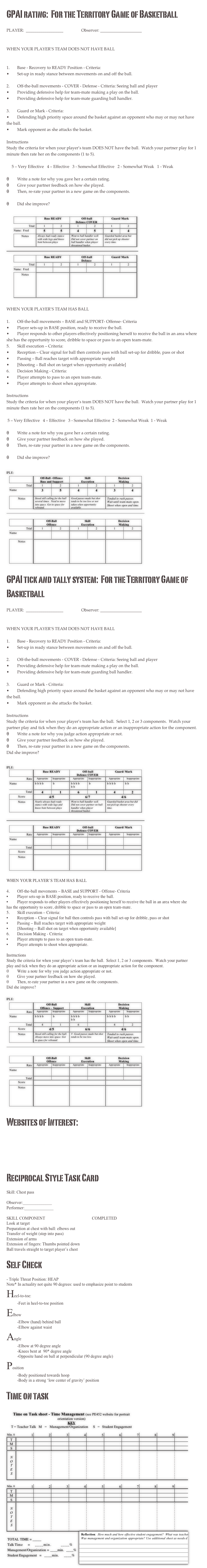 GPAI rating:  For the Territory Game of BasketballPLAYER:  __________________		Observer: ____________________WHEN YOUR PLAYER’S TEAM DOES NOT HAVE BALL1.	Base - Recovery to READY Position - Criteria:•	Set-up in ready stance between movements on and off the ball. 2.	Off-the-ball movements - COVER - Defense - Criteria: Seeing ball and player•	Providing defensive help for team-mate making a play on the ball. •	Providing defensive help for team-mate guarding ball handler.3.	Guard or Mark - Criteria:•	Defending high priority space around the basket against an opponent who may or may not have the ball. •	Mark opponent as she attacks the basket.InstructionsStudy the criteria for when your player’s team DOES NOT have the ball.  Watch your partner play for 1 minute then rate her on the components (1 to 5).
     5 – Very Effective   4 – Effective   3 - Somewhat Effective   2 - Somewhat Weak   1 - Weak

θ	Write a note for why you gave her a certain rating. θ	Give your partner feedback on how she played. θ	Then, re-rate your partner in a new game on the components.   θ	Did she improve?￼












WHEN YOUR PLAYER’S TEAM HAS BALL1.	Off-the-ball movements – BASE and SUPPORT- Offense- Criteria •	Player sets-up in BASE position, ready to receive the ball.•	Player responds to other players effectively positioning herself to receive the ball in an area where she has the opportunity to score, dribble to space or pass to an open team-mate.5.	Skill execution – Criteria:•	Reception – Clear signal for ball then controls pass with ball set-up for dribble, pass or shot•	Passing – Ball reaches target with appropriate weight•	[Shooting – Ball shot on target when opportunity available]6.	Decision Making - Criteria:•	Player attempts to pass to an open team-mate.•	Player attempts to shoot when appropriate.InstructionsStudy the criteria for when your player’s team DOES NOT have the ball.  Watch your partner play for 1 minute then rate her on the components (1 to 5).
 5 – Very Effective   4 – Effective   3 - Somewhat Effective  2 - Somewhat Weak  1 - Weak

θ	Write a note for why you gave her a certain rating. θ	Give your partner feedback on how she played. θ	Then, re-rate your partner in a new game on the components.   θ	Did she improve?	     ￼















GPAI tick and tally system:  For the Territory Game of BasketballPLAYER:  __________________		Observer: ____________________WHEN YOUR PLAYER’S TEAM DOES NOT HAVE BALL1.	Base - Recovery to READY Position - Criteria:•	Set-up in ready stance between movements on and off the ball. 2.	Off-the-ball movements - COVER - Defense - Criteria: Seeing ball and player•	Providing defensive help for team-mate making a play on the ball. •	Providing defensive help for team-mate guarding ball handler.3.	Guard or Mark - Criteria:•	Defending high priority space around the basket against an opponent who may or may not have the ball. •	Mark opponent as she attacks the basket.InstructionsStudy the criteria for when your player’s team has the ball.  Select 1, 2 or 3 components.  Watch your partner play and tick when they do an appropriate action or an inappropriate action for the component. θ	Write a note for why you judge action appropriate or not. θ	Give your partner feedback on how she played. θ	Then, re-rate your partner in a new game on the components.  Did she improve?
￼

















WHEN YOUR PLAYER’S TEAM HAS BALL4.	Off-the-ball movements – BASE and SUPPORT - Offense- Criteria •	Player sets-up in BASE position, ready to receive the ball.•	Player responds to other players effectively positioning herself to receive the ball in an area where she has the opportunity to score, dribble to space or pass to an open team-mate.5.	Skill execution – Criteria:•	Reception – Clear signal for ball then controls pass with ball set-up for dribble, pass or shot•	Passing – Ball reaches target with appropriate weight•	[Shooting – Ball shot on target when opportunity available]6.	Decision Making - Criteria:•	Player attempts to pass to an open team-mate.•	Player attempts to shoot when appropriate.InstructionsStudy the criteria for when your player’s team has the ball.  Select 1, 2 or 3 components.  Watch your partner play and tick when they do an appropriate action or an inappropriate action for the component. θ	Write a note for why you judge action appropriate or not. θ	Give your partner feedback on how she played. θ	Then, re-rate your partner in a new game on the components.  Did she improve?
	     
￼






























Websites of Interest:www.bced.gov.bc.ca/irp/www.nba.comwww.basketball.bc.cawww.basketball.comwww.news.bbc.co.uk/sport2/hi/other_sports/basketball/www.educ.uvic.ca/Faculty/thopper/Web/452/Reciprocal Style Task CardSkill: Chest passObserver:______________Performer:______________SKILL COMPONENT					COMPLETED		Look at targetPreparation at chest with ball: elbows outTransfer of weight (step into pass)Extension of armsExtension of fingers: Thumbs pointed downBall travels straight to target player’s chestSelf Check

- Triple Threat Position: HEAPNote* In actuality not quite 90 degrees: used to emphasize point to studentsHeel-to-toe: 	-Feet in heel-to-toe positionElbow	-Elbow (hand) behind ball 	-Elbow against waistAngle	-Elbow at 90 degree angle	-Knees bent at  90* degree angle	-Opposite hand on ball at perpendicular (90 degree angle)Position	-Body positioned towards hoop	-Body in a strong ‘low center of gravity’ position

Time on task

￼