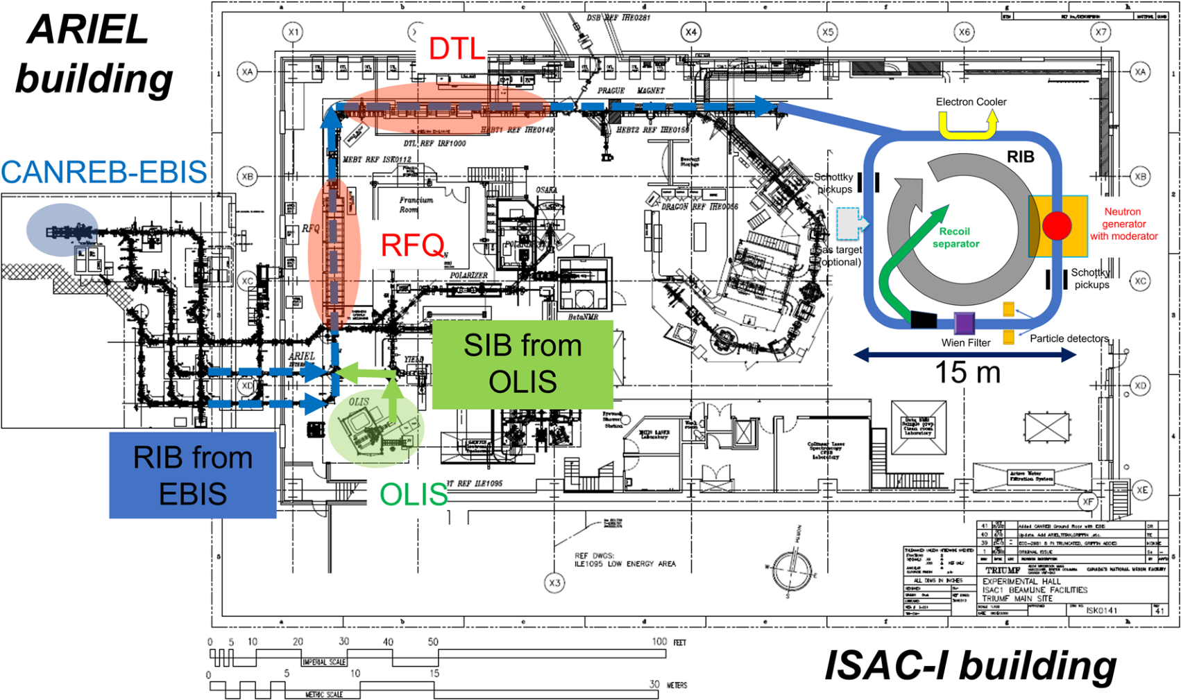 Layout of TRIUMF ARIEL and ISAC-I halls with the proposed TRISR storage ring