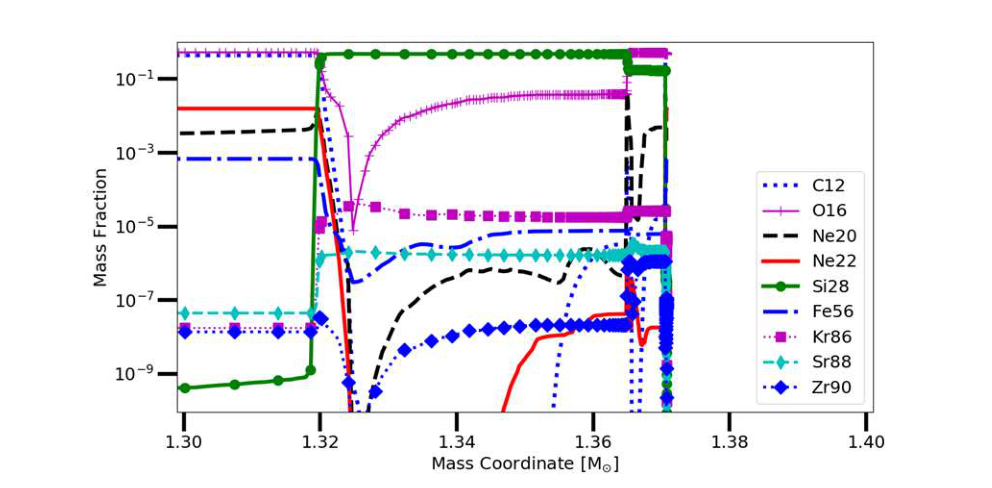Mass-fraction profiles of trans-iron species in the outer layers of model E