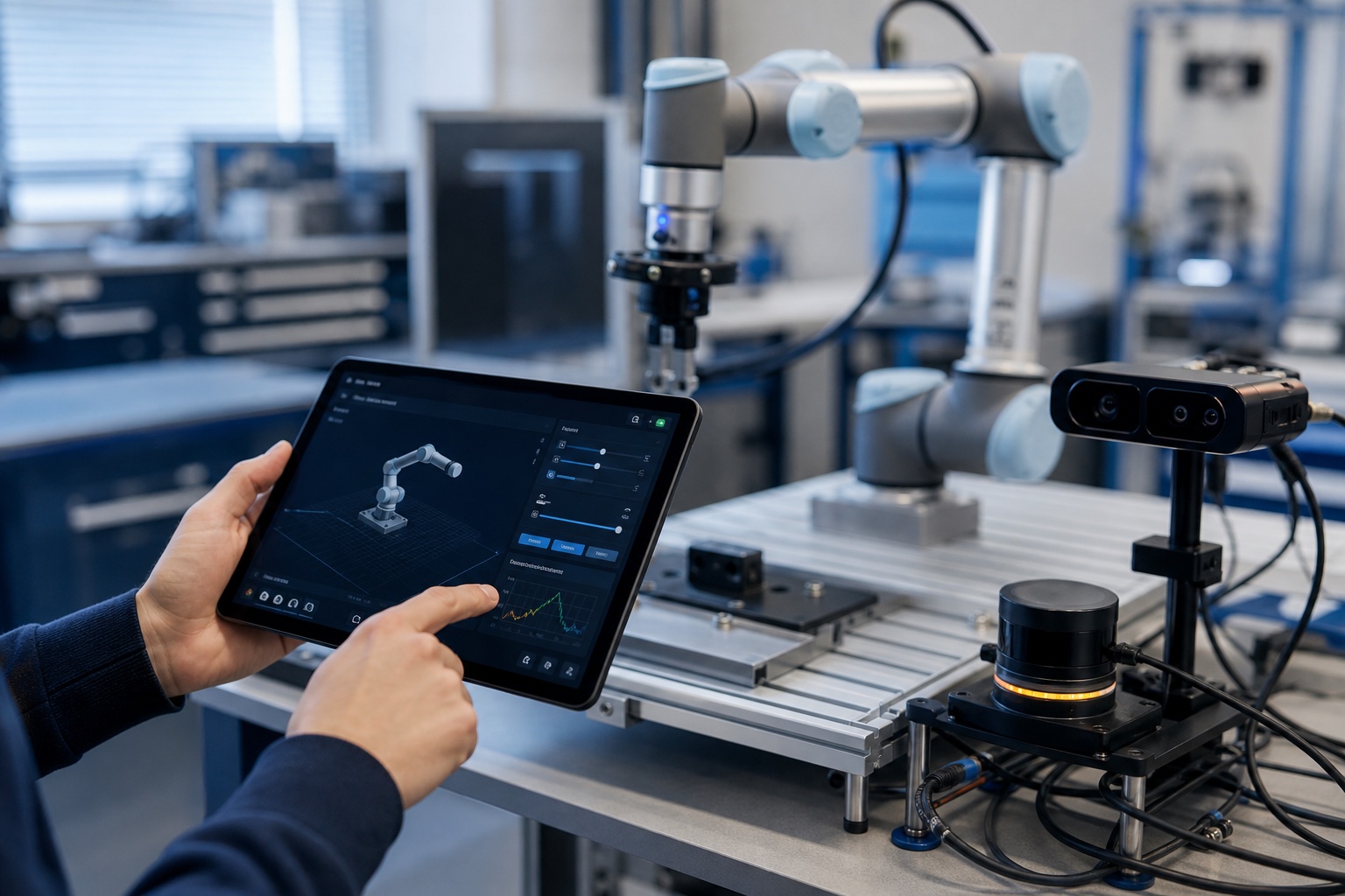 Hands using a tablet interface beside a robot arm, sensors, and laboratory equipment.