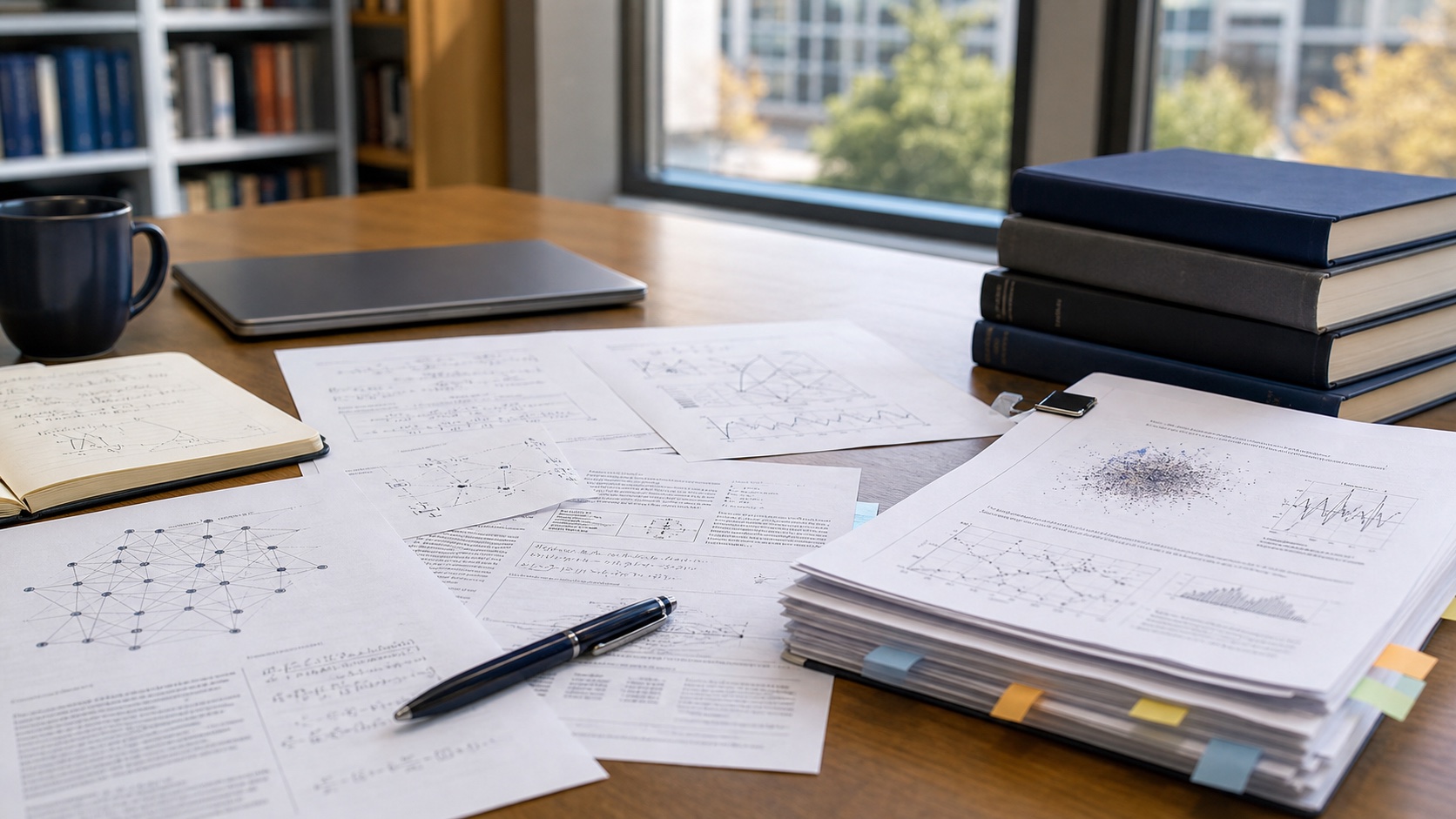 Research drafts, diagrams, and manuscript notes arranged on a university reading-room table.