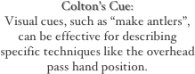 Colton’s Cue:
Visual cues, such as “make antlers”, can be effective for describing specific techniques like the overhead pass hand position.